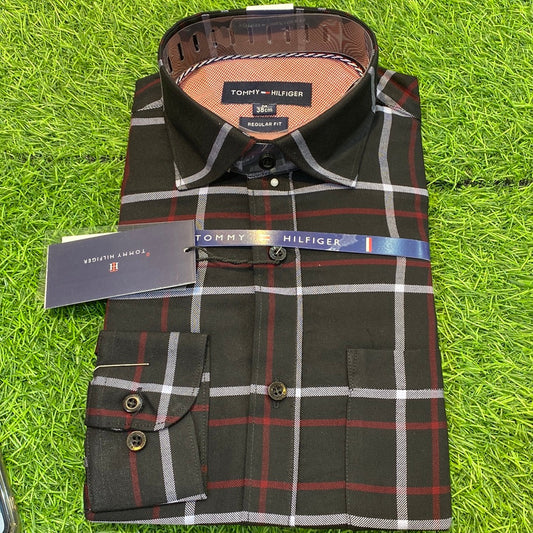 Black Red Grey Check Shirt Tom Mot Lycra Cotton Men’s Wear Shirt 8907994486785