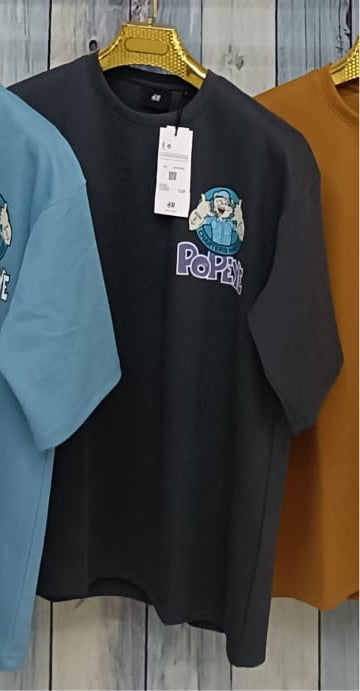 POPEYE Dark Grey Colour With Back Print Drop Shoulder Lycra Fabric TShirt 298130