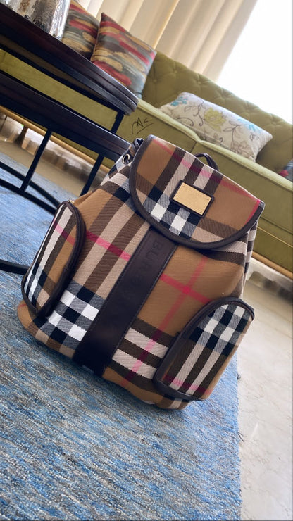 Brown White Cream Check Backpack for Unisex / Boys / Girls 410005
