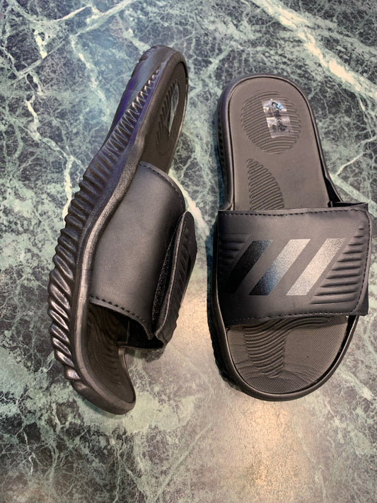 All Black Velcro Three Stripes Slippers Sliders 03082023