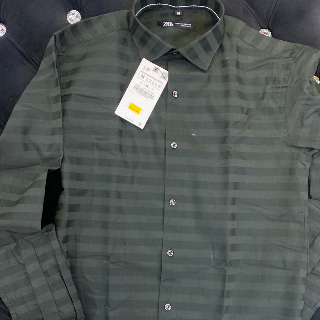 Olive Green Colour ZR Zar Raz With Dark Green Lines Relaxed Fit Branded Shirts 9112