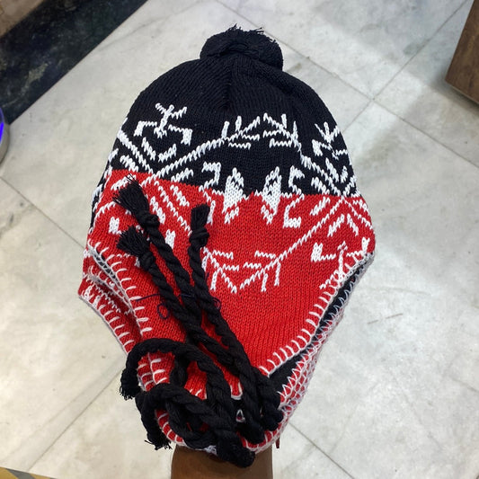 Black Red Colour Ear flaps features braided tassels Beanie Cap 9340