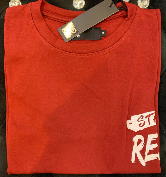 HOPE Maroon Colour With Stay Real Back Print Drop Shoulder TShirt 108608