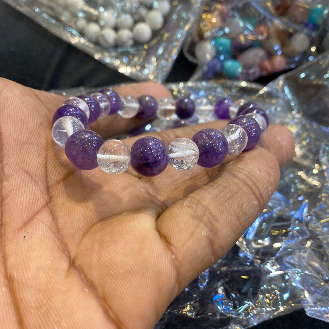 Amethyst With Clear Quartz Natural Stone Beads Unisex Bracelet