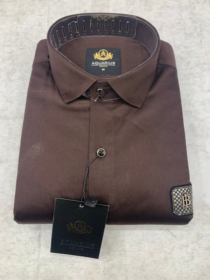 AQUARIUS Brown Colour With Front RUB Sticker Full Sleeve Men Shirt 2201