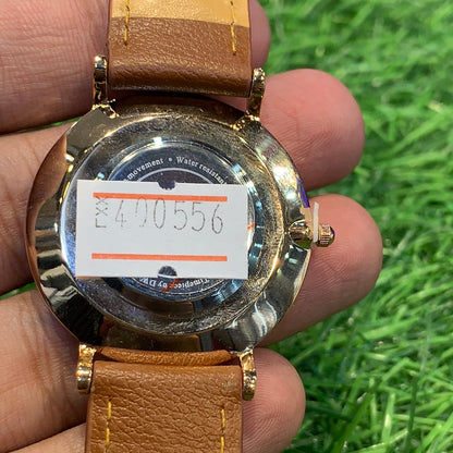 WD Brown Slim Strap Black Dial Copper Ring Men Watch 400556