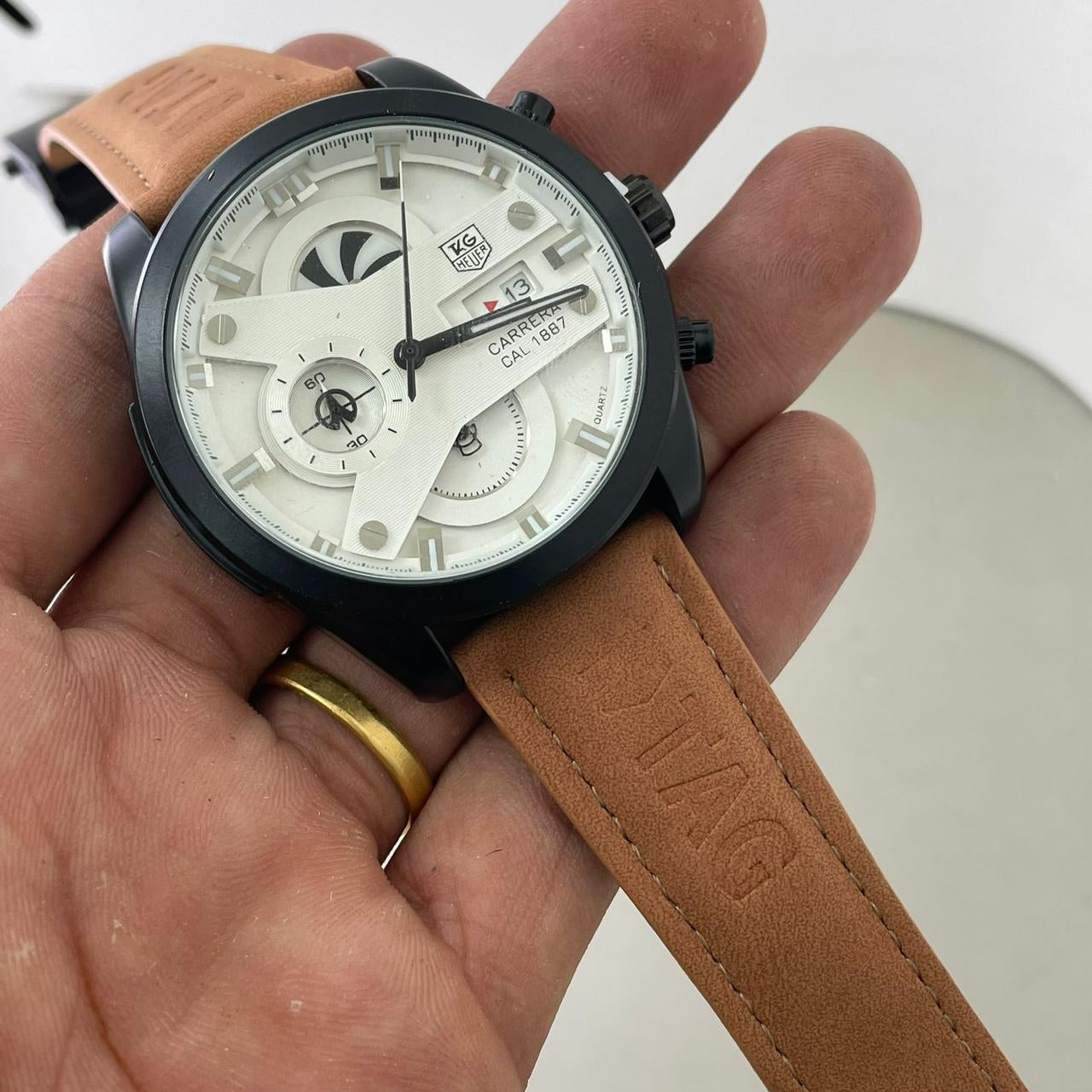 Gat Brown Leather Strap Black Ring White Dial Men’s Watch 901358