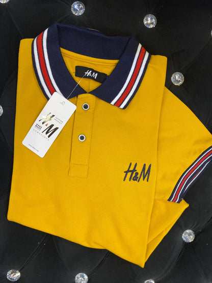 M&H Yellow Colour With MH logo Back Embroidery Collar Half Sleeve TShirt 4262701