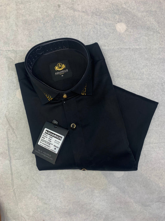 Aquarius Black Color With Gold Print In Collar Plain Full Sleeve Shirt 2250