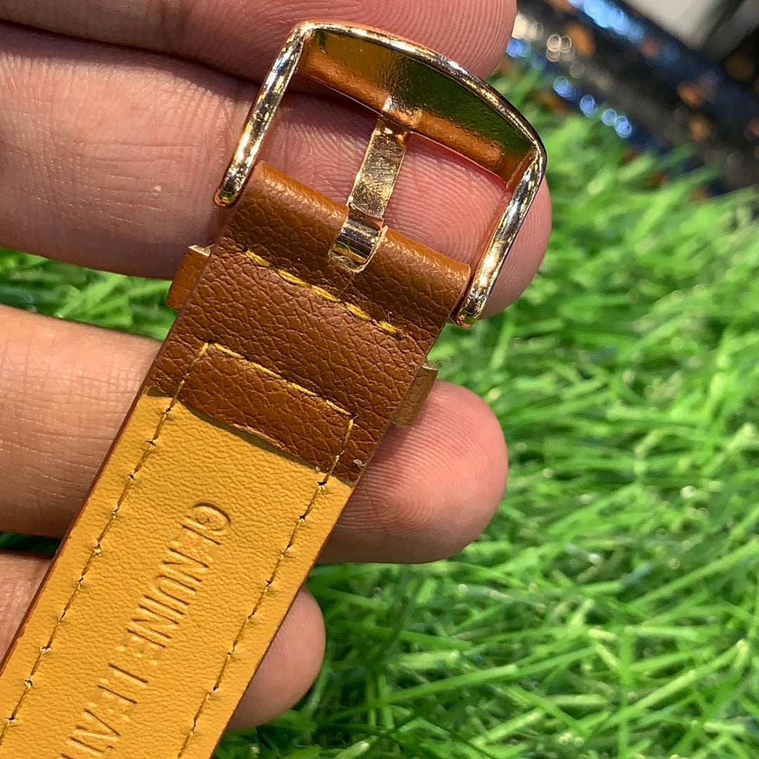 WD Brown Slim Strap Black Dial Copper Ring Men Watch 400556