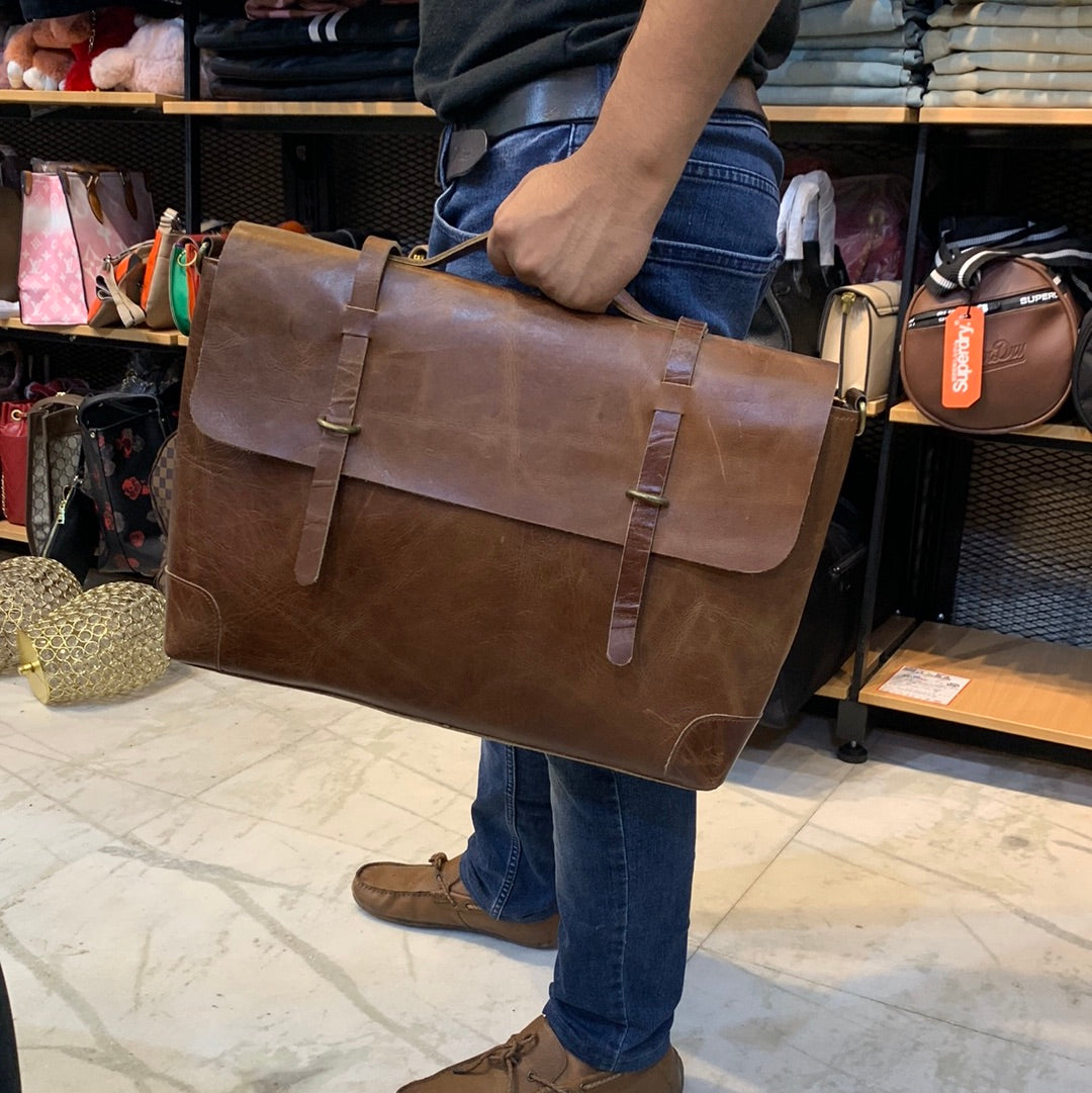 Brown Colour Genuine Leather Heavy Quality Flap Laptop Bag 4219