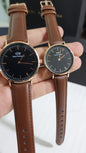 Wd Brown Strap Black Dial Copper Ring Ladies Watch