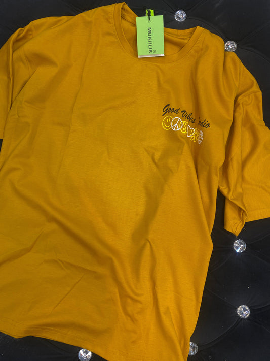 Mukhlis Yellow Colour With Good Vibes Radio Back Print Drop Shoulder TShirt 108615