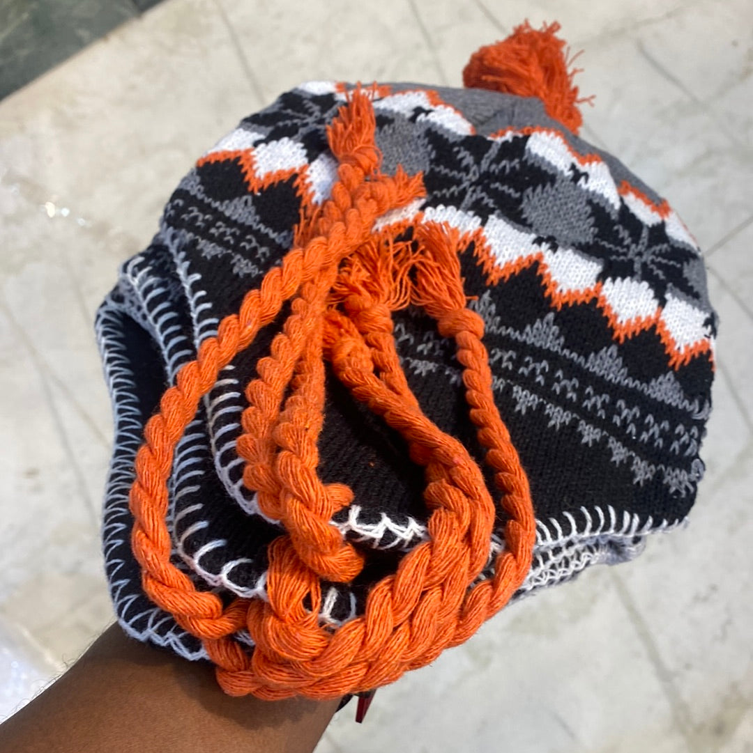 Grey Orange White Black Ear flaps features braided tassels Beanie Cap 9335