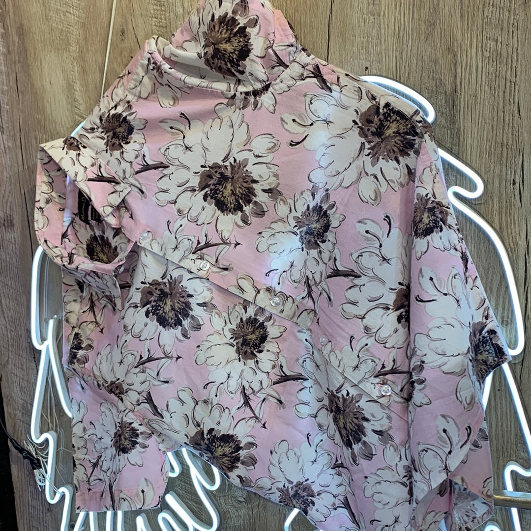 Massimo Dutti Pink Shirt White flowers Print Lilen Men Shirt 1873