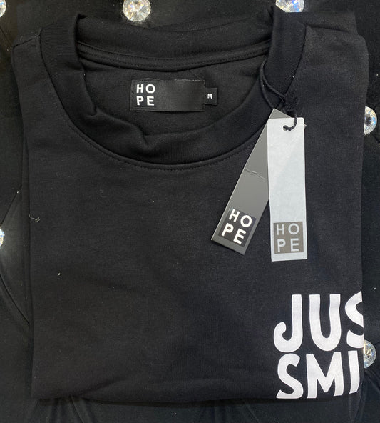 HOPE Black Colour With Just Smile Back Print Drop Shoulder TShirt 108575