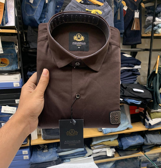 AQUARIUS Brown Colour With Front RUB Sticker Full Sleeve Men Shirt 2201