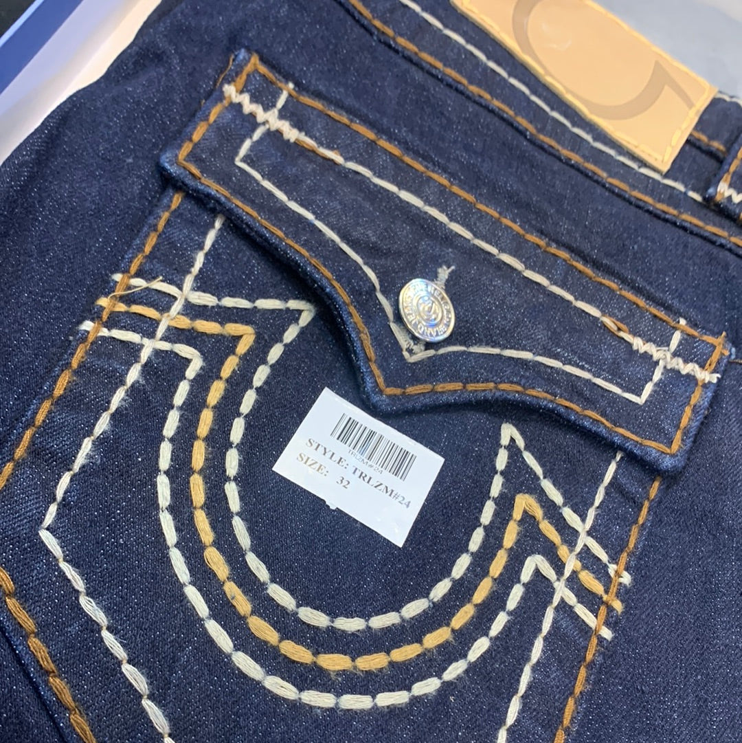 Urt Ler Dark Blue Rt Back Brown White Colour Embroidery Mens Hight Quality Men’s Straight Jeans 32077