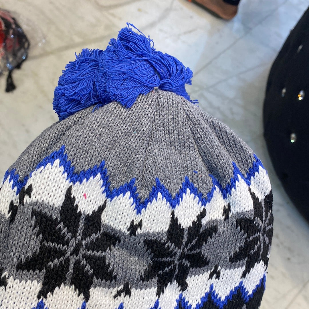 Blue Grey Black Colour Ear flaps features braided tassels Beanie Cap 9338