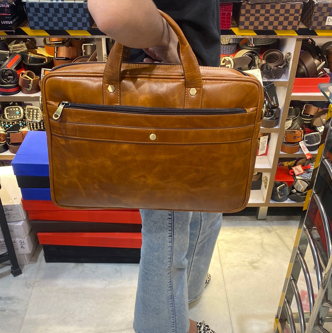 Tan Colour Zipper Genuine Leather Laptop Bag 4211