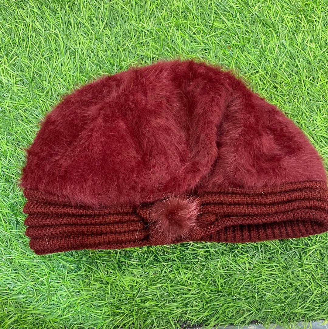 Maroon Colour Women Winter Warm Knitted Pumpkin Hat Casual Plus Bean Ladies Cap 9346
