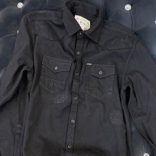 Black Colour LOP Branded Rough Ripped Look Design Imported Denim Shirt 78964