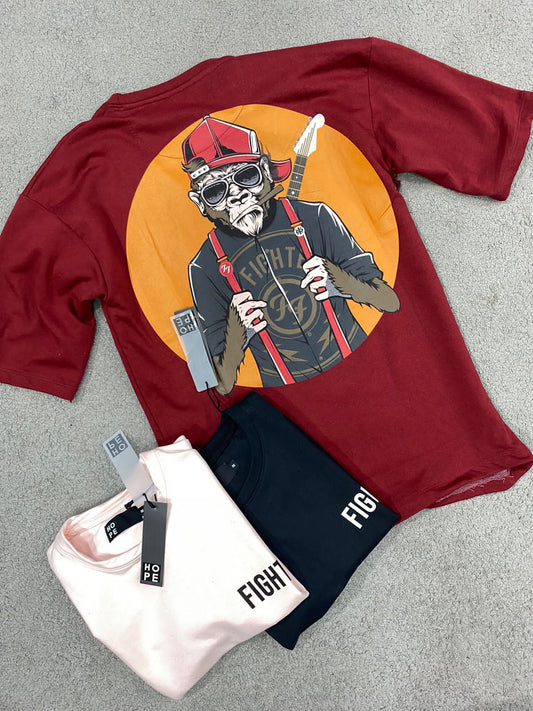 HOPE Maroon Colour With Fighter And Back Print Drop Shoulder TShirt 108547