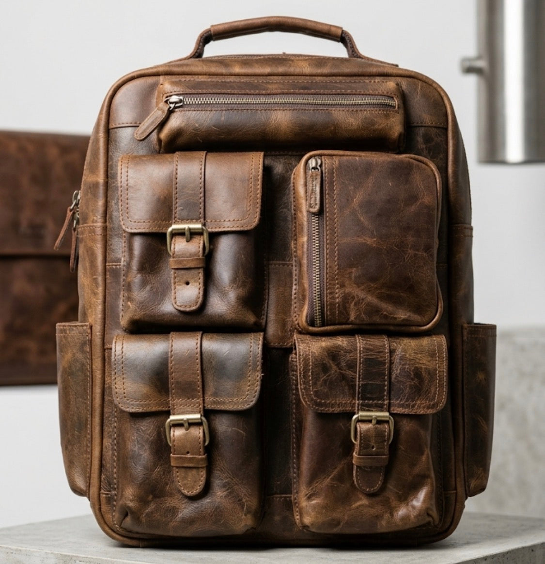 LDA Brown Colour Multi Pocket Premium Quality Genuine Leather  Unisex Backpack 991474