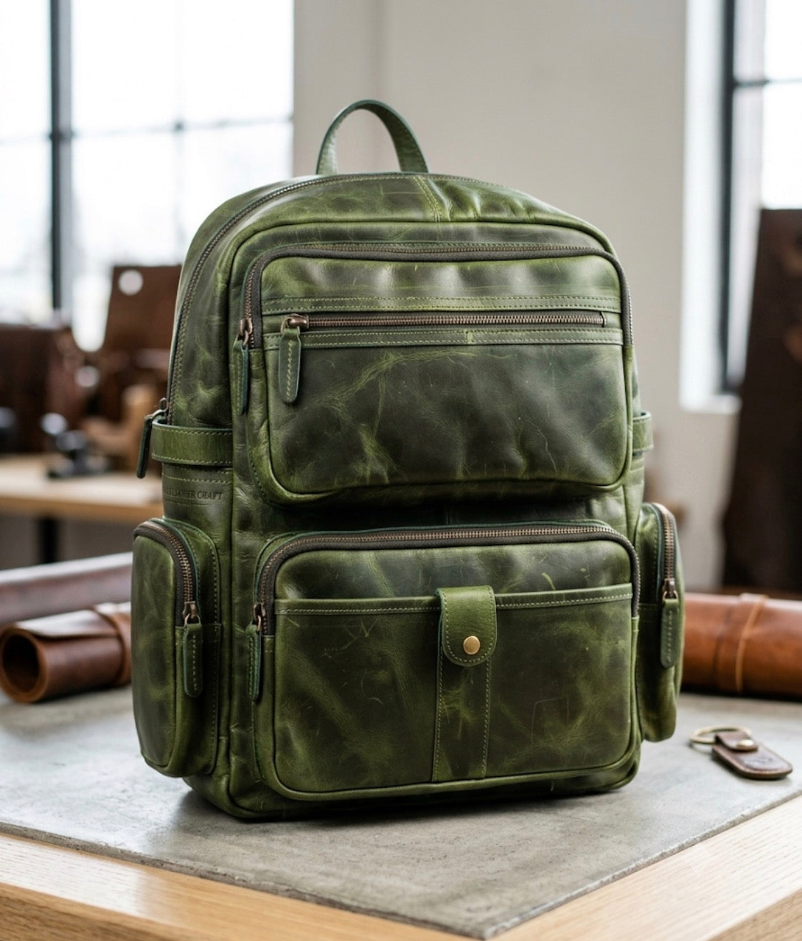 LDA Green Colour Premium Quality Genuine Leather  Unisex Backpack 991468