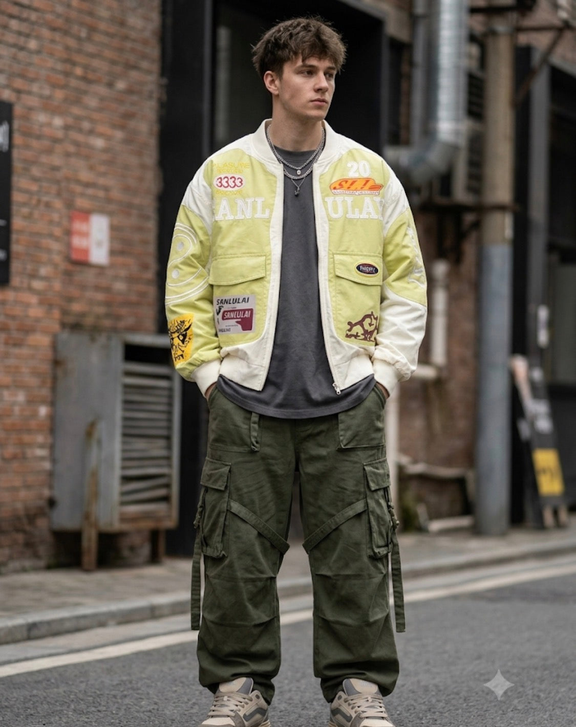 SANLULAY  White Green Colour SANLULAY Embroidery Premium Quality Unisex Jacket 86020-A
