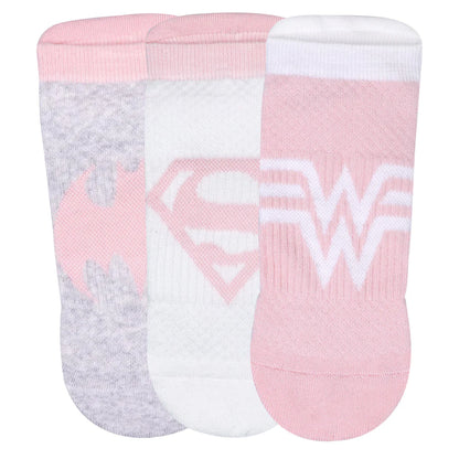 BALENZIA X JUSTICE LEAGUE WOMEN'S COMBED COTTON ANKLE LENGTH SOCKS-PACK OF 3 PAIRS/1U (PINK,GREY,WHITE)(FREE SIZE)SUPERMAN, BATMAN, WONDER WOMAN