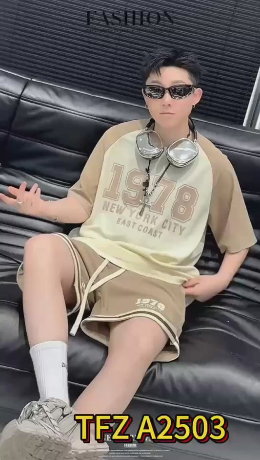 Cream Brown TFZ City 1978 Print Coord Set Tshirt Shorts A2503